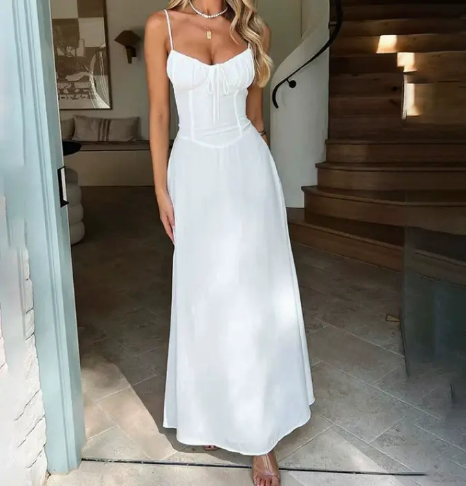 New Elegant Solid Color Mid-Length A-Line Dress with Laces