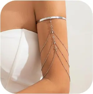 Simple Crystal Bead Tassel Upper Arm Chain Bracelet Multi-layered Bikini Armlet Rhinestone Adjustable Open Arm Cuff Bangle Bracelets Summer Beach Body Jewelry for Women