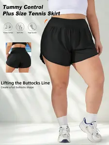 Black Solid Color Women's  Safety Panty Design, Anti-See-Through, Women's High-Waist Casual Skirt Stretchy Fitted Skirt Pants, Solid Color Versatile Skirt Pants, Plus Size Women'S Waist-Cinching Double-Slit Sports Skirt Pants