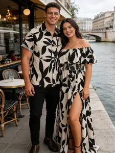 DRESSLILY 2026 Vacation Couple Outfit Women's Leaf Patten Off the Shoulder Slit Long Dress and Men's Short Sleeve Shirt Summer Matching Set
