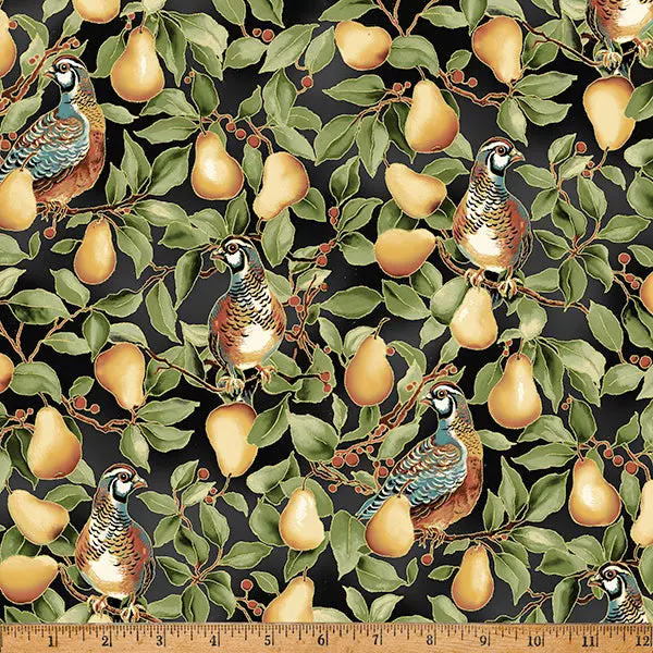 Fabric Hoffman Black/Gold Pears & Partridges Metallic In a Pear Tree by the Quarter Yard Y7808-4G