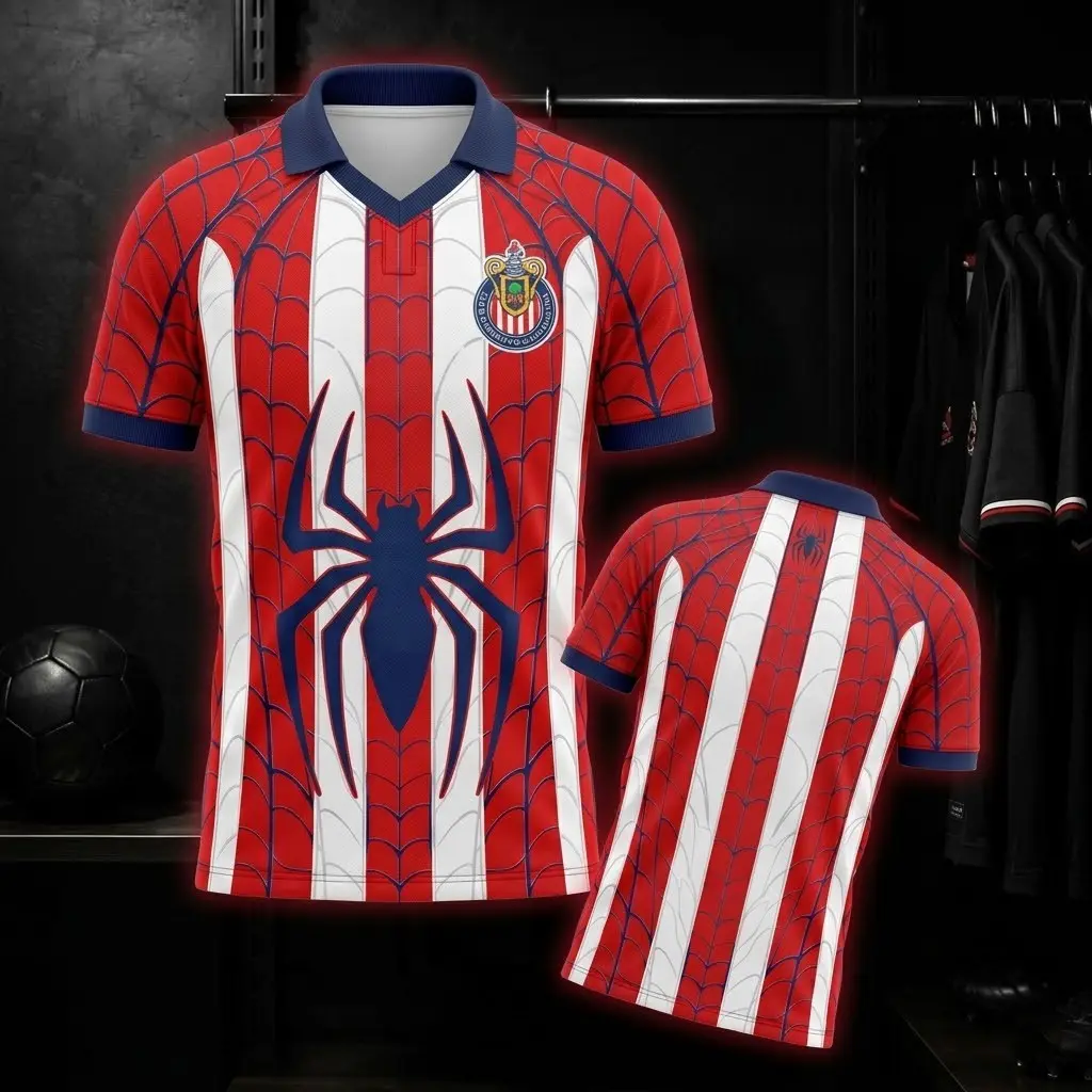 Men's Red Chivas Guadalajara Soccer Jersey, Red White Web Football Shirt, All Over Print Polo Jersey, Mexican Soccer Fan Shirt, Game Day Sports Gift