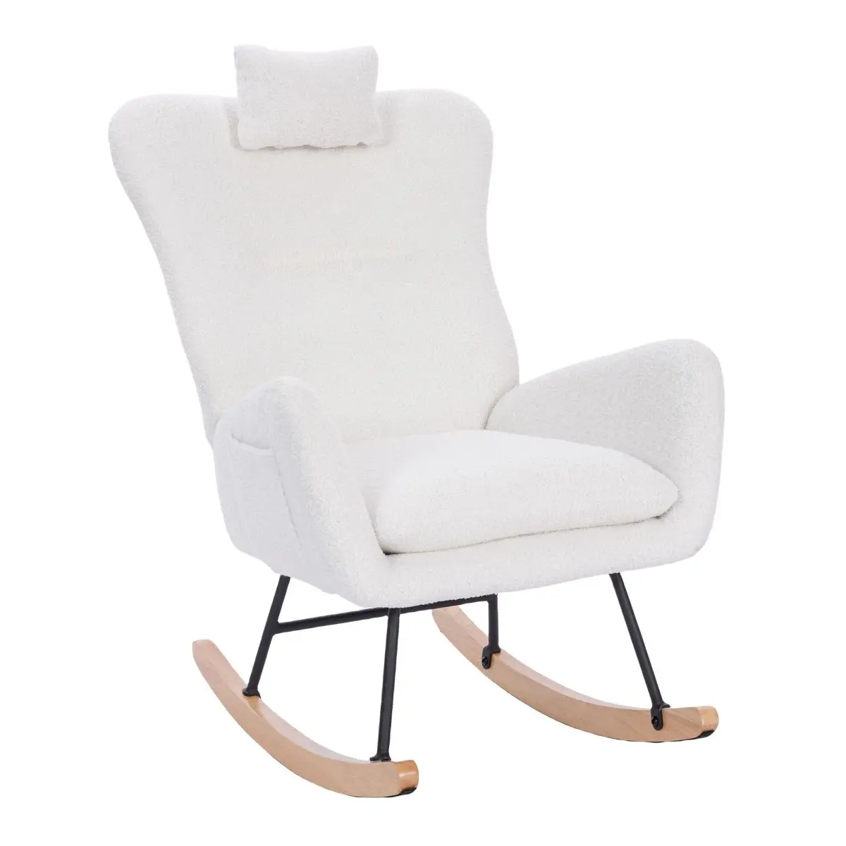 Glam White Teddy Upholstered Glider Rocking Armchair - Ergonomic Curved Back, Fixed High Backrest, Padded Seat & Armrests, Sturdy Frame, Easy Assembly for Living Rooms, Bedrooms
