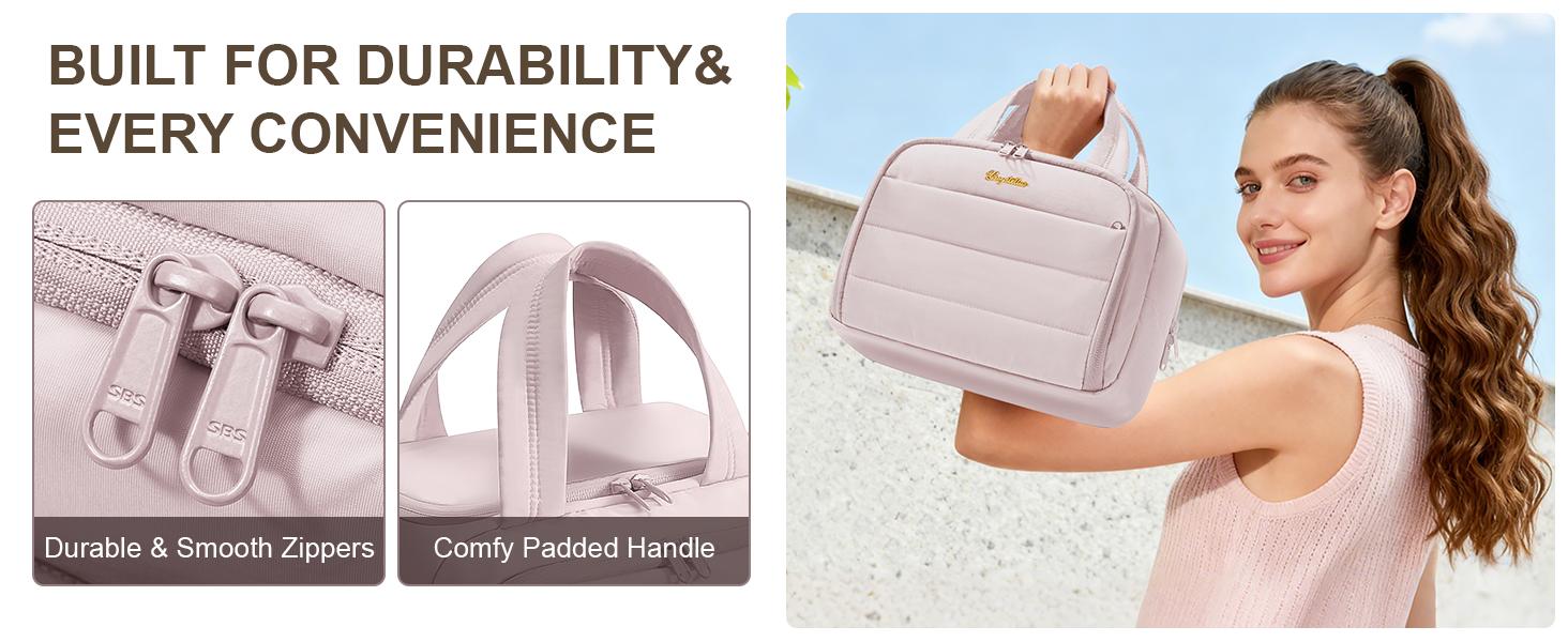 Bagstellar Wide-open Travel Bag, Lightweight Puffy Toiletry Bag for Women, Quilted Makeup Bag Organizer Water-resistant Cosmetic Bag with Handle for Toiletries, Essentials, Accessories