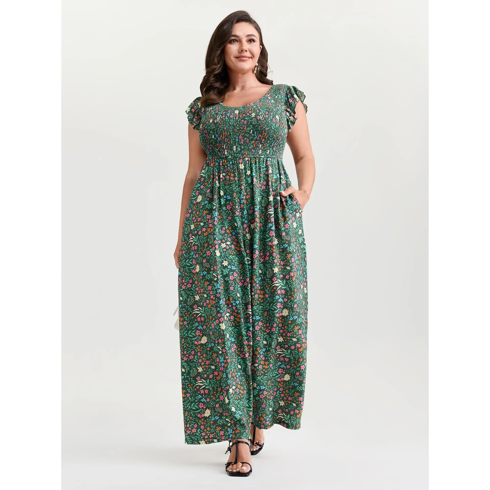 BLOOMCHIC Women's Plus Size Smooth Polyester-Nylon Overalls - Flutter Sleeve, Floral Print, V-Neck Jumpsuit with Pocket, Garment Fit [M-6X] (Women's Clothes), Summer Finds, Cap Sleeve
