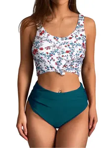 ZAFUL Women's High Waisted Tankini Scoop Neck Knotted Two Pieces Tankini Set Swimsuit