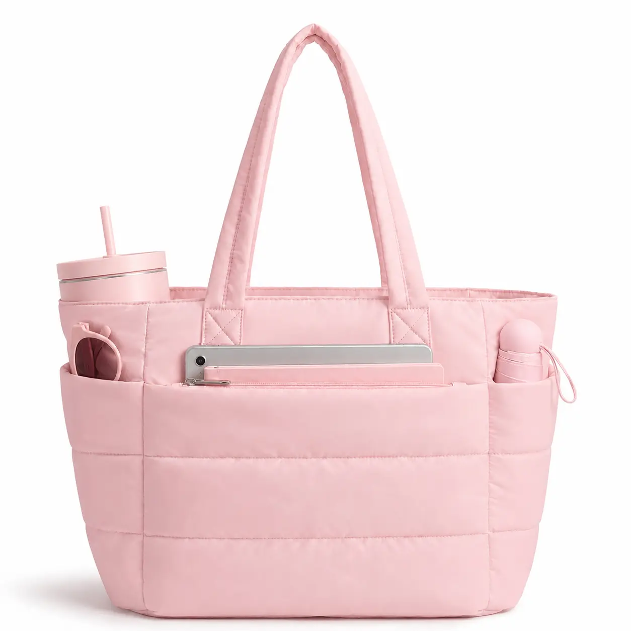 Fiveseasonhome 20L Puffy Quilted Tote Bag for Women, Lightweight Bubble Nylon Laptop Shoulder Bag with Built-In 40oz Cup Holder & Multiple Compartments, Large Work Travel College Commute Handbag Fits 15.6 Inch Laptop  tiktokshopbacktoschool