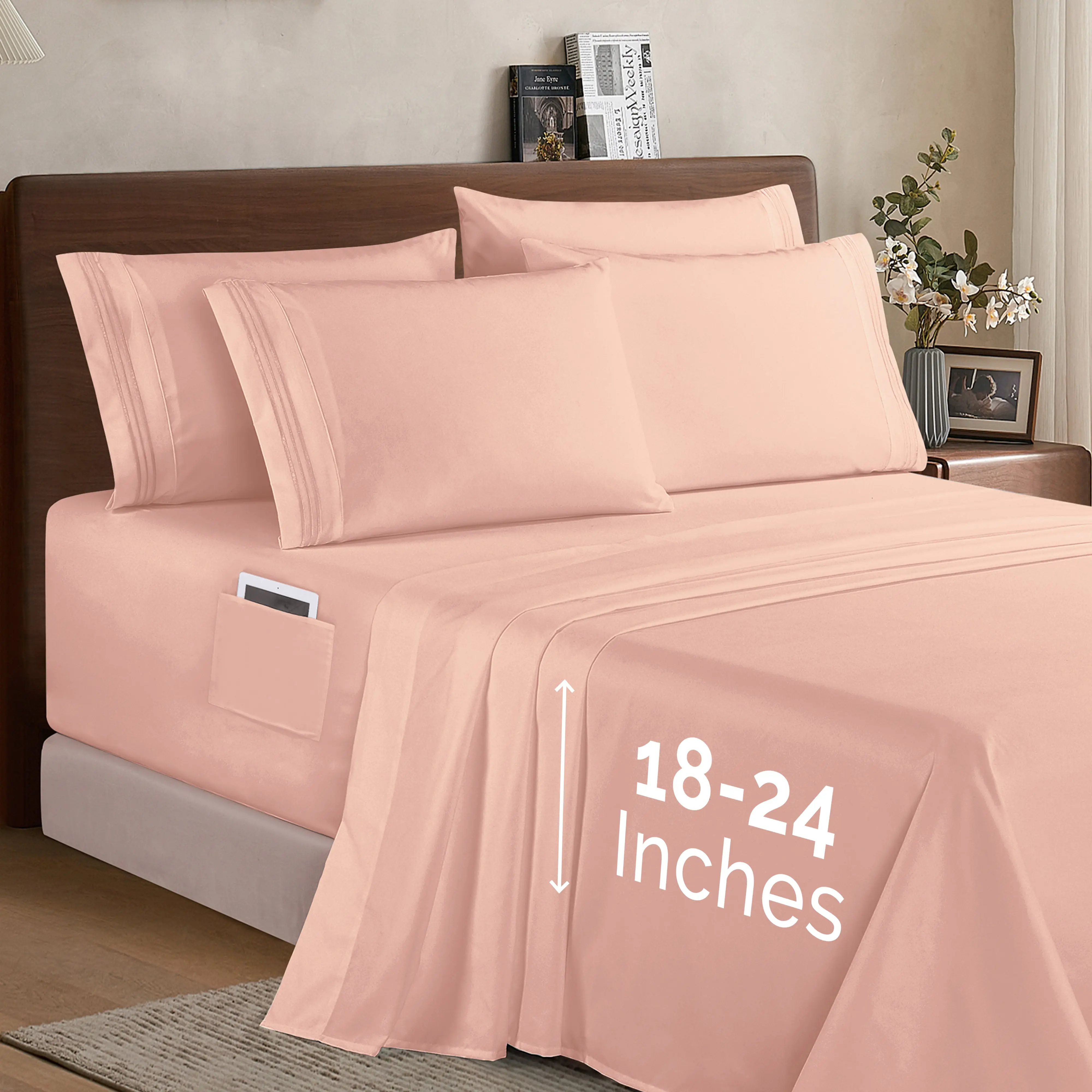 Mocassi 6-Piece Hotel Premier Fitted Sheet Set - Hotel Sheets, Cool Soft, Soft Breathable, 3-Line Embroidery, 18-24in Extra Deep Pocket, Secure Fitted, Silky Microfiber, Bright Shades