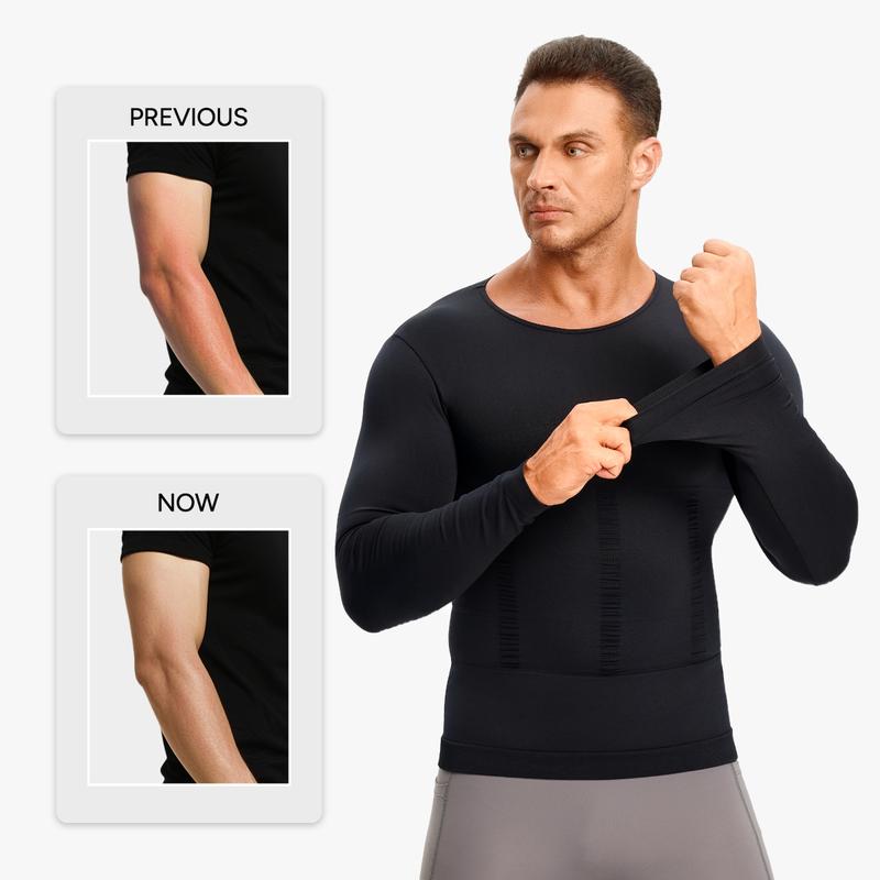 Nebility Men's Long Sleeves Compression Shirt Structural Abdominal Belly Shapewear Thermal Underwear Shirt