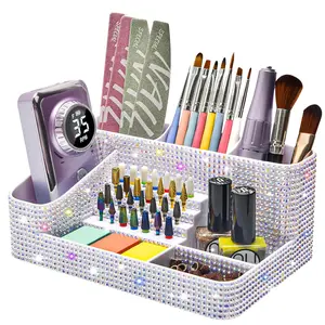 Bling Rhinestone Storage Box,Makeup Organizer spacious Cosmetics Storage Box,Multi-Grid Organizer for Nail Art & Makeup