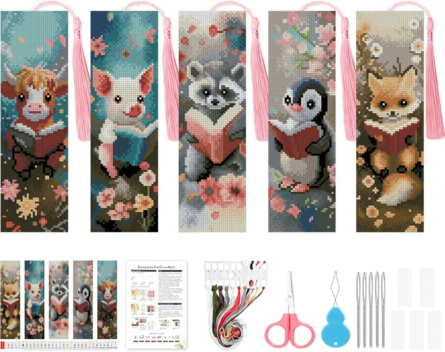 5 Pack Cross Stitch Bookmark Kit for Adult Beginners,Animal Cross Stitch Kits 14 CT DIY Crossstitch Kits Adult Stamped Bookmark Embroidery Bookmarks Kit with Instructions 8''x2.4''