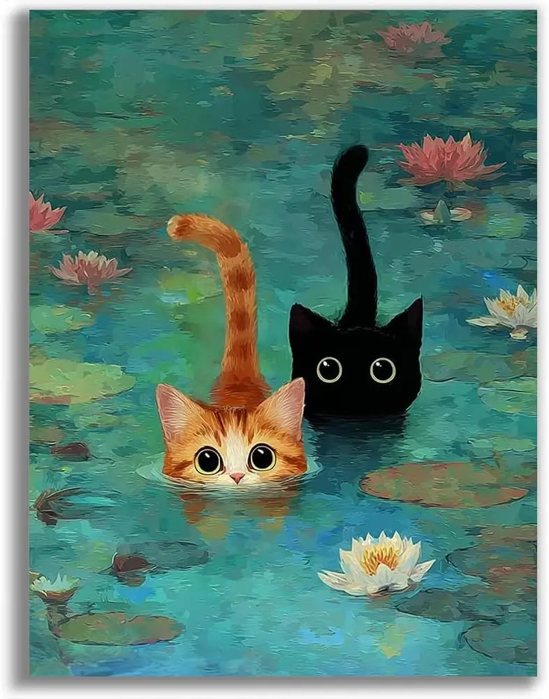 Cat Stamped Cross Stitch Kits for Adults,Pond Cat Patterns Dimensions Needlepoint Art Crafts,Counted Cross Stitch Kits Embroidery Kits for Beginners Adults for Home Decor 11.8x15.8 inch