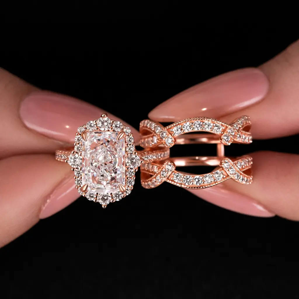Maxine Vintage Non-tarnish Rose Gold Plated 925 Sterling Silver 3.0ct Radiant Cut Insert Engagement Ring Set,Travel-friendly Fashion Jewelry,Stunning Ring Set, Interchangeable Rings, Wedding Ring Set