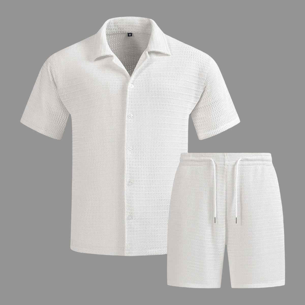 Men's solid color summer vacation set, regular style, paired with textured button down short sleeved shirt and matching drawstring shorts, easily interprets the exquisite coastal style, casual travel, vacation and leisure SpringStatements Clothes Beige