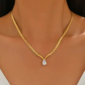 18K Gold Teardrop Cubic Zirconia Pendant Necklace for Women with Cuban Link Snake Bone Chain Adjustable Length Secure Lobster Clasp Hypoallergenic Elegant Jewelry for Party Gift