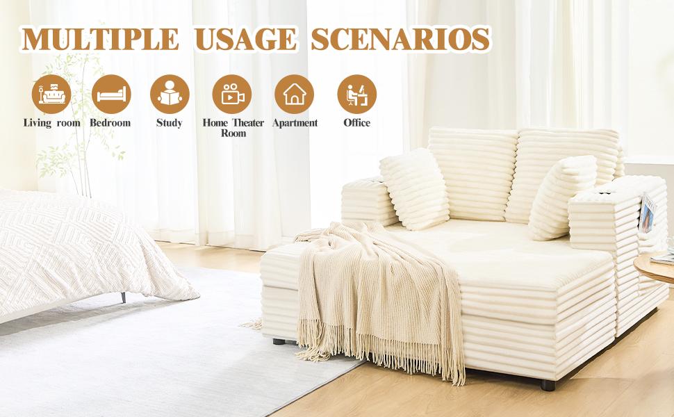 Oversized Chaise Lounge Chair Indoor, 49" Upholstered Sofa Bed with Frame, Plush Faux Fur Sleeper Couch with Throw Pillows, Armrests&Cup Holders, Deep Seat Reading Chair for Living Room, Bedroom,Beige