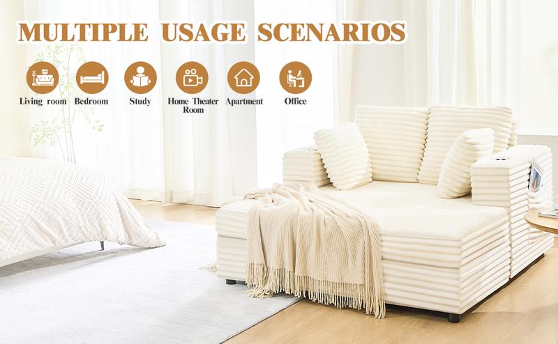 Oversized Chaise Lounge Chair Indoor, 49" Upholstered Sofa Bed with Frame, Plush Faux Fur Sleeper Couch with Throw Pillows, Armrests&Cup Holders, Deep Seat Reading Chair for Living Room, Bedroom,Beige