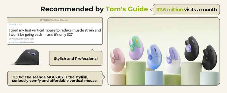 Seenda Ergonomic Mouse Rechargeable, USB+Dual Bluetooth, MOU-302 Vertical Wireless Mouse with Volume Knob, Quiet Clicks, Multi-Device Cordless Mice Compatible for Windows, PC Accessories , Laptop, Mac OS for Work