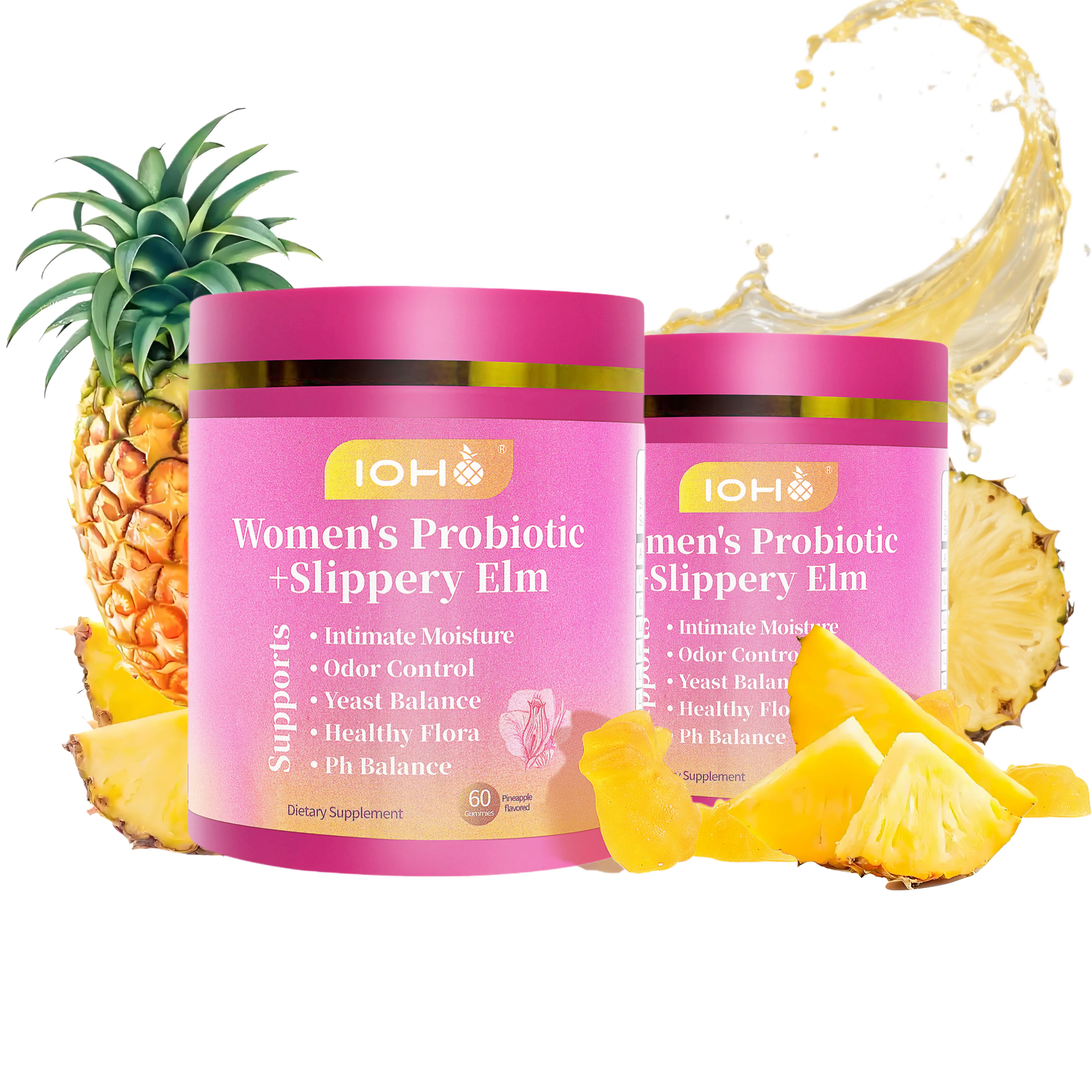 【Gold upgrade】IOHO Her Juicy Feminine Probiotics Gummies-All in One Solution with Slippery Elm and Prebiotics&Lactobacillus Probiotic Blend for Women's pH Balance and Dryness-Hawaiian Pineapple Gummies 60 Count women’s probiotics - Supplement Healthcare