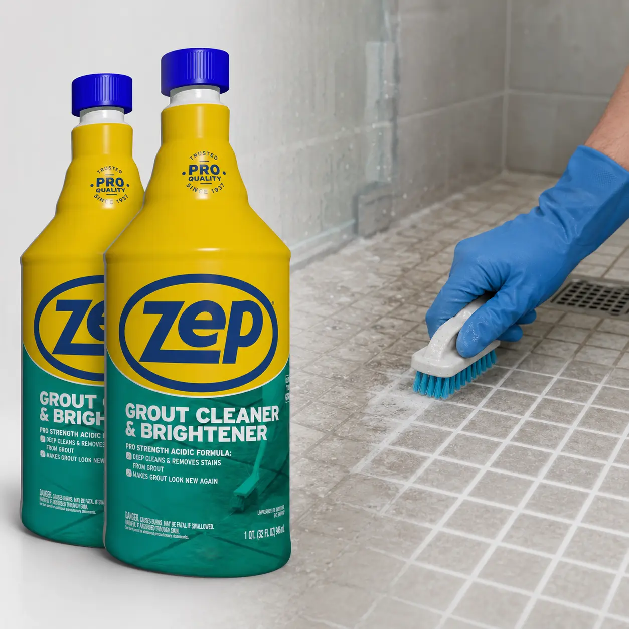 ZEP 32 fl. oz. Grout Cleaner and Brightener, tile floor cleaner, stain remover for grout, deep cleaning, professional strength, no heavy scrubbing, non-abrasive, safe acids, restores grout lines, colored grout, white grout, ceramic tile, porcelain tile
