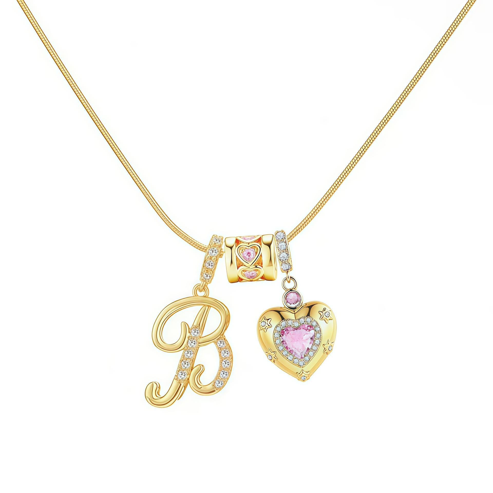 KATCH ME Women's Elegant 2-Pack Initial Letter Copper Pendant Necklaces, Rhinestone Stacking Necklace with Adjustable Chain, Basic 2 Set Jewelry Gift