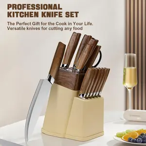 HomeKitchenware 13-Piece Kitchen Knife Set with Self-Sharpening Knife Block, Stainless Steel, Washable, Non-Slip Handles