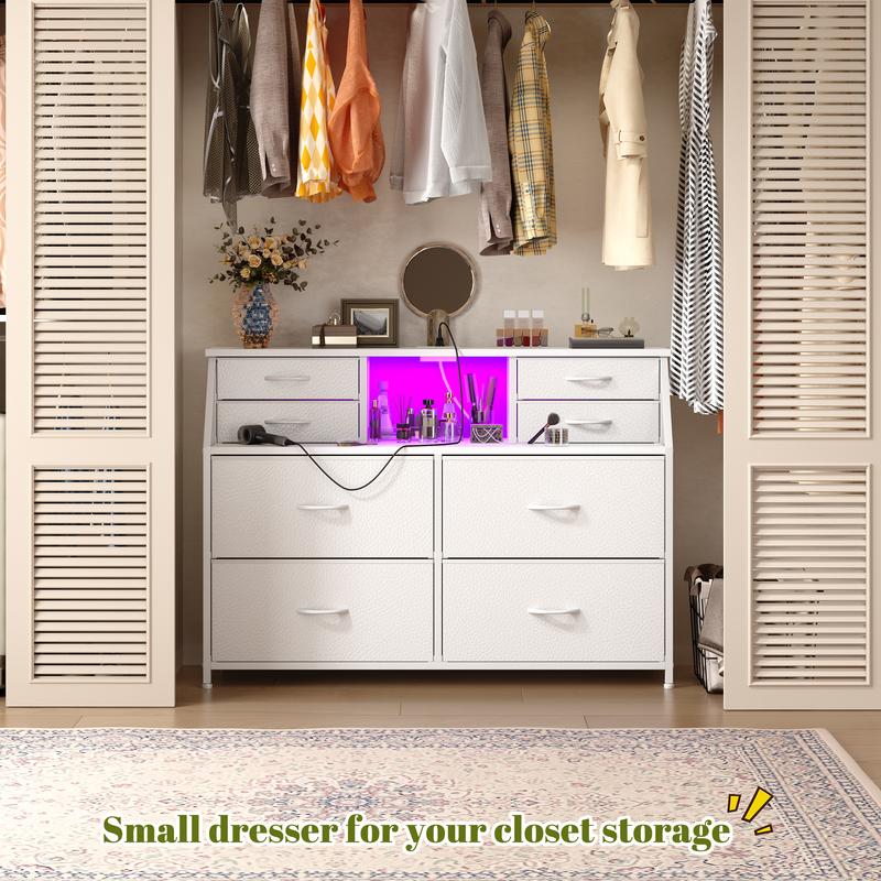 【Vanity sideboard】Raybee 8 Drawers Mini Dresser for Bedroom,Dorm & Attic's Dresser with Built-In Charging Station and LED, Sturdy Chest of Drawers with Two Open Shelves for Storage,Hides all your clutter to keep you organized & your vibe on point