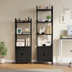 4 Tier / 5 Tier Tall Bookshelf with Fabric Drawer, Narrow Bookcase with Wood Shelves & Metal Frame, Modern Standing Book Shelf for Bedroom Living Room Office, Black/Rust Brown