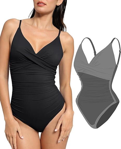 POPILUSH Ruched Cross-Front One-Piece Swimsuit Shapewear with Tummy Control Adjustable Straps High-Waisted Bathing Suit for Pool Beachwear POPILUSH Ruched Cross-Front One-Piece Swimsuit Shapewear with Tummy Control Adjustable Straps High-Waisted Bathing Suit for Pool Beachwear