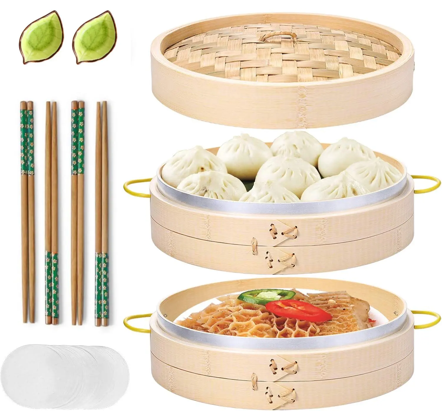 Bamboo Steamer Basket Set 10 inch Steamer for Cooking, with Side Handles Chopsticks Ceramic Sauce Dishes Paper Liners, for Dim Sum Dumplings Buns Seafoods Rice Foods