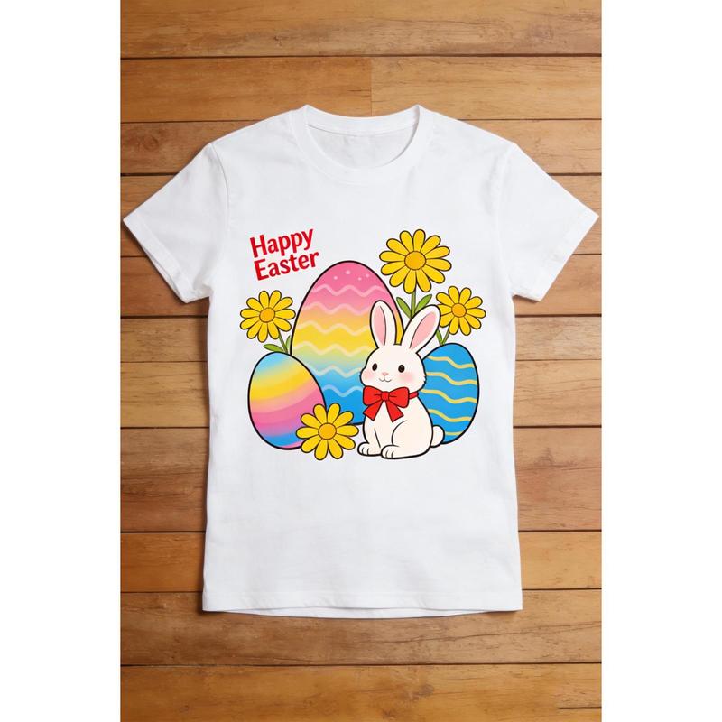 Cute Easter Bunny & Egg Print T-Shirt Happy Easter Holiday Parent-Child Short Sleeve Top