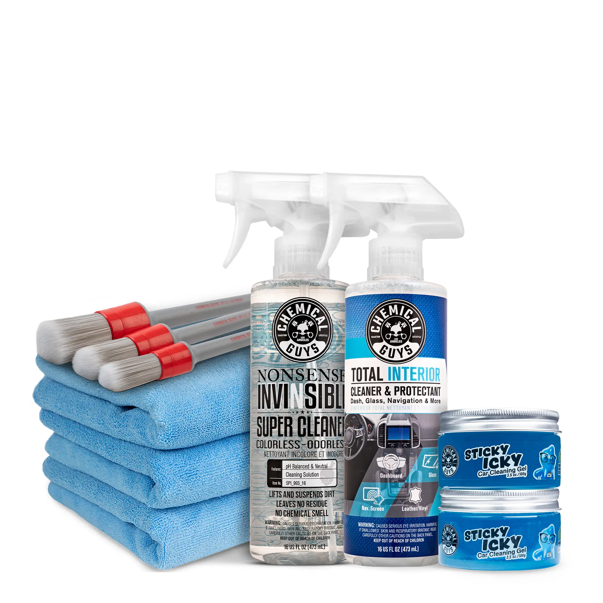 Chemical Guys Interior Deep Clean Kit – Complete Car Interior Cleaning Bundle with Total Interior, Nonsense, Sticky Icky, Brushes & Microfiber Towels