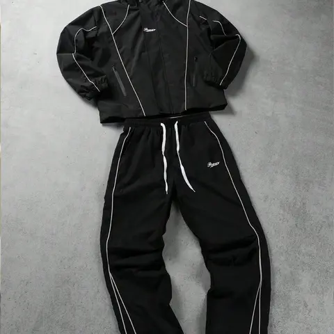 Men’s hooded patchwork jacket set, loose fit, zip-up front, letter print men’s two-piece set, men’s co-ord set, men’s two-piece set, brown men’s 2-piece outfits, brown men’s jogging set