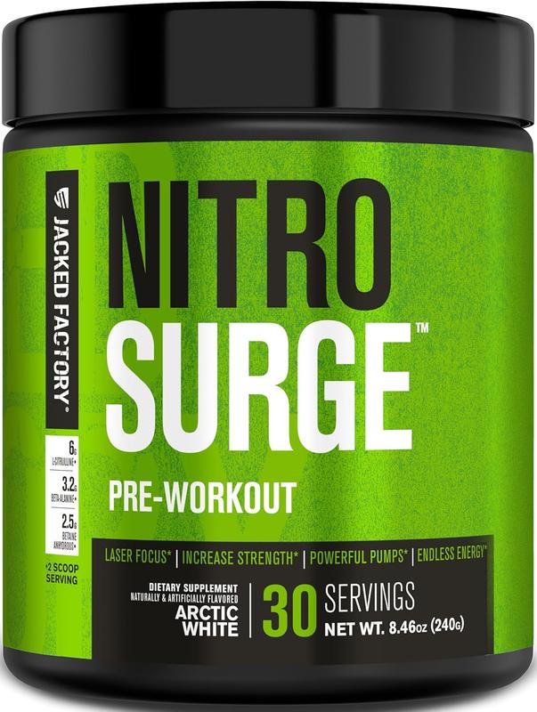 Jacked Factory NITROSURGE Pre Workout Supplement, Clear Focus, Intense Pumps - NO Booster & Powerful Preworkout Energy Powder - 30 Servings, Arctic White