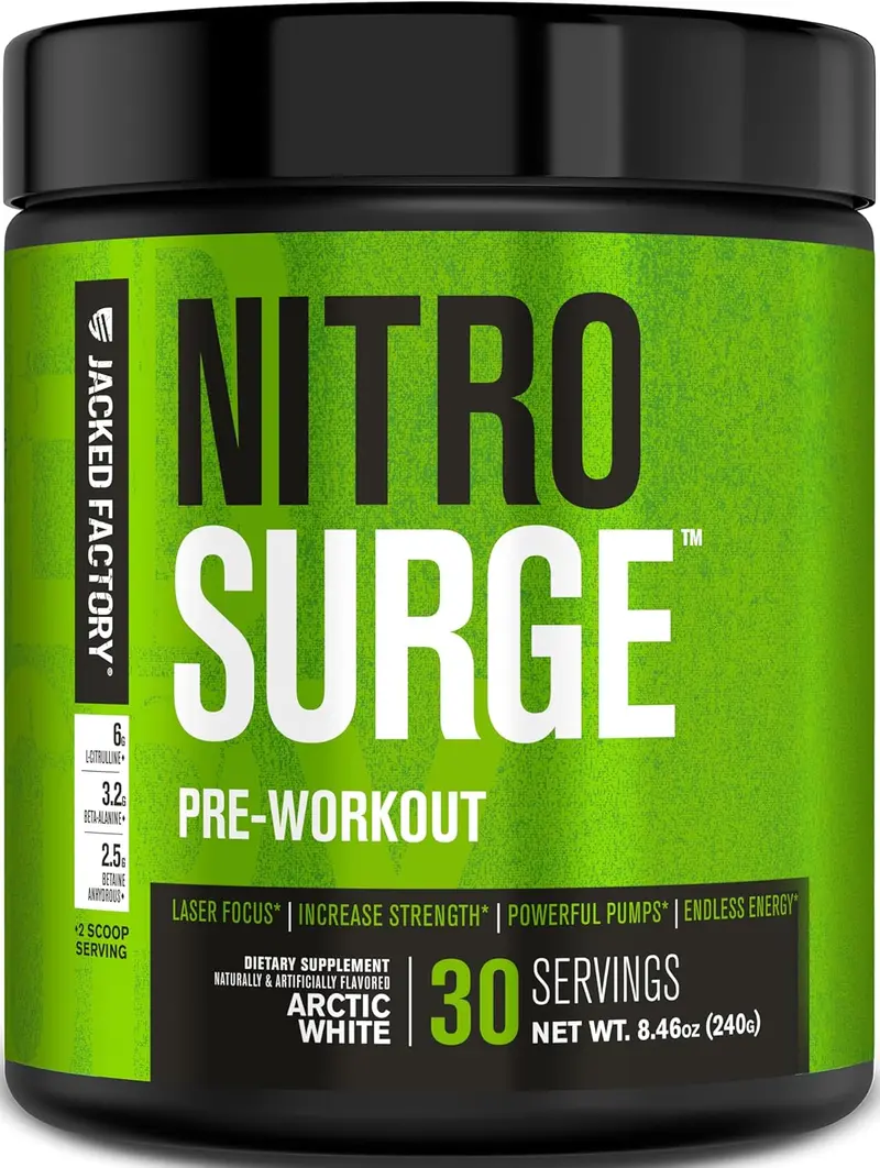Jacked Factory NITROSURGE Pre Workout Supplement, Clear Focus, Intense Pumps - NO Booster & Powerful Preworkout Energy Powder - 30 Servings, Arctic White