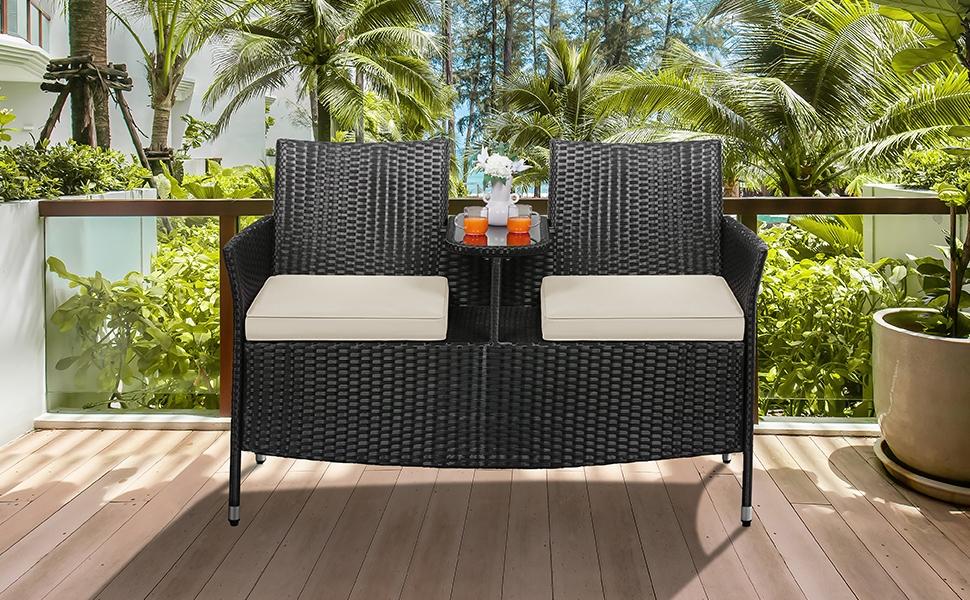Yaheetech Patio Double Chair PE Rattan Furniture Set with Side Table for Two People Outdoor Loveseat with Removable Cushions & 1 Tempered Glass Side Table