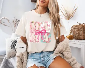 Comfort Colors Mama T-Shirt, Coquette Bow Floral Mom Tee, Vintage Aesthetic Mother Shirt, Soft Cotton Graphic Top, Cute Gift for Mom, Mother’s Day Outfit Idea - HARSIN