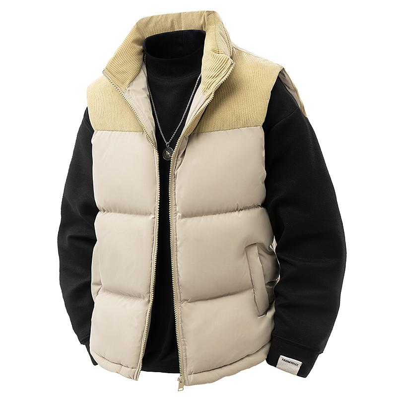 Men's Colorblock Corduroy & Fleece Quilted Fitted Gilet with Detachable Cap - Warm Casual Menswear Waistcoat for New Year, Versatile Outerwear
