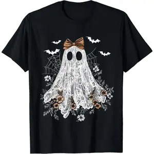 Women's Halloween ghost with floral elements Graphic T-Shirt - Short Sleeve Crew Neck Regular Fit Casual Wear | Soft & Breathable Fabric, Durable Print, Everyday Comfort, Machine Washable