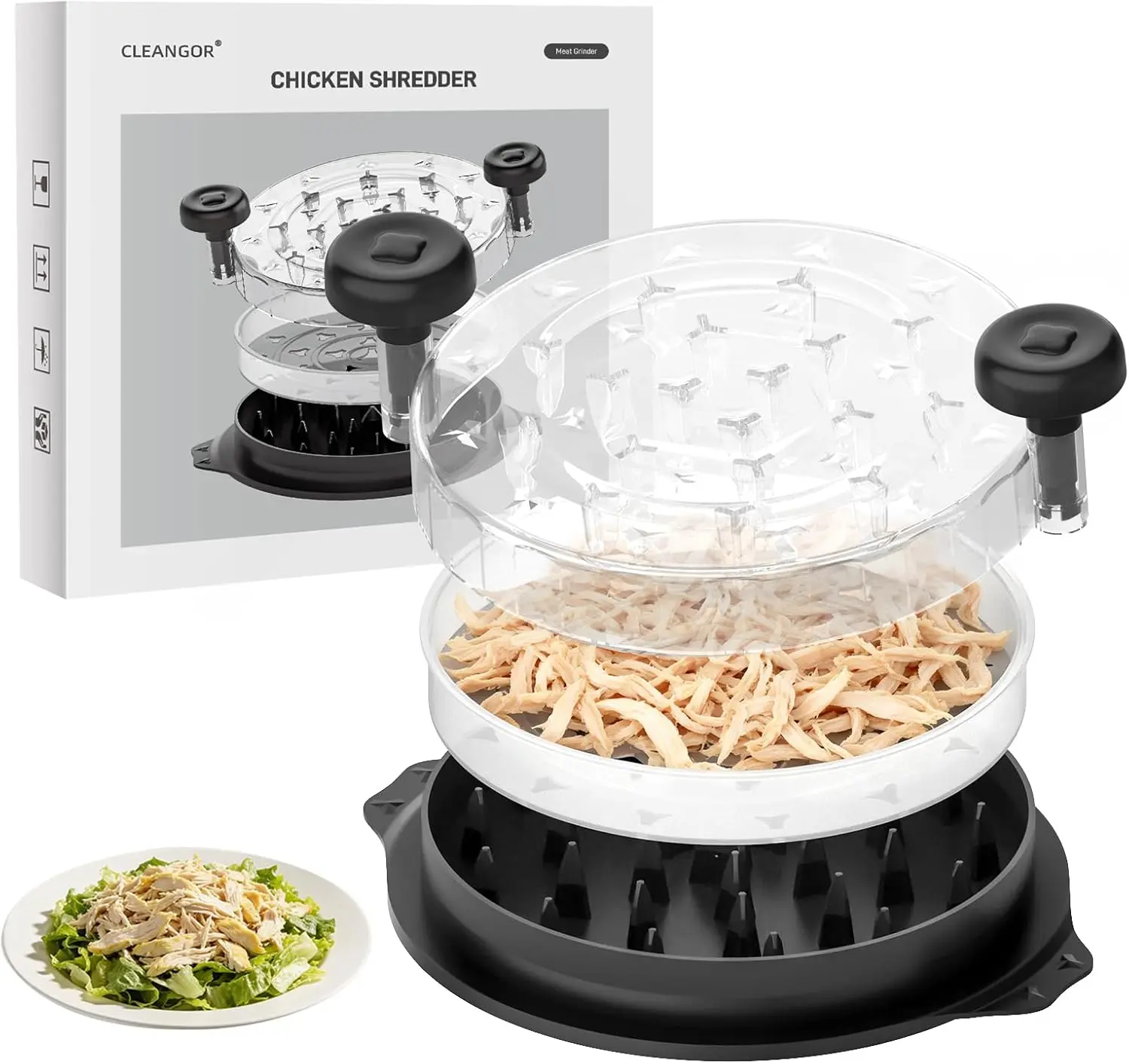 Cleangor Chicken Shredder Tool Twist, 10‘’ Visible Chicken Breast Shredder Tool Meat Shredder with Removable Tray, Ergonomic Handle, Non-Slip Base Food Shredder Tool for Chicken, Pork, Beef, Fish Utensils Kitchen