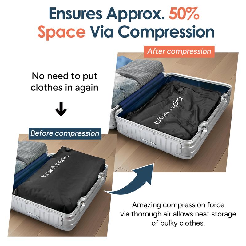 Travel inspira Vacuum Bags with Pump - Ultra-Durable Nylon Space Saver Compression Solution for Suitcases & Backpacks, Reusable, Lightweight, IP67 Airtight Zipper Seal, Light Black 2 Bags Set, outdoor