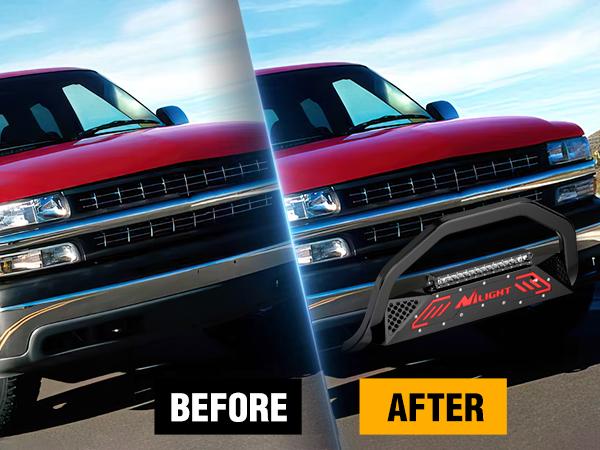 Nilight Bull Bar with Light fits 1999-2006 Chevy Silverado & GMC Sierra (07 Classic)/ 2000-2006 Suburban Tahoe & Yukon & XL / 2002-2006 Avalanche Front Bumper Grille Guard with Skid Plate Licence Hole