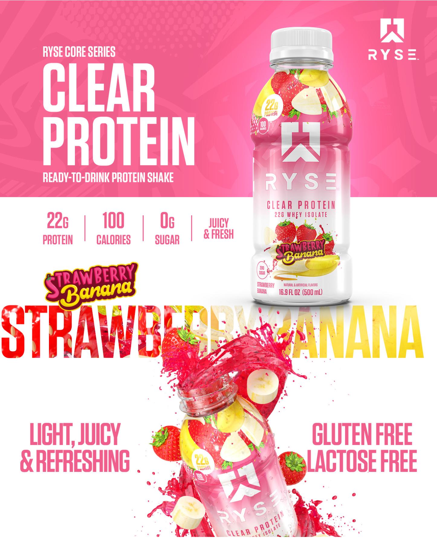 RYSE Clear Protein Shake - Pack of 12 - Whey Isolate 22g Protein, 100 Calories, Sugar-Free, Refreshing Ready-To-Drink Beverage - 16.9 fl oz