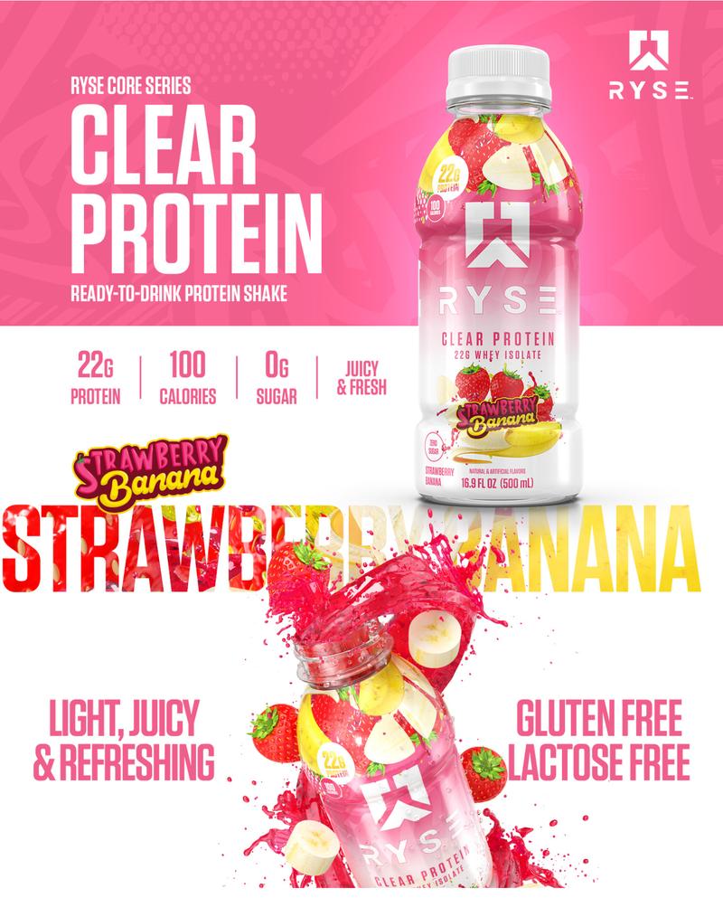 RYSE Clear Protein Shake - Pack of 12 - Whey Isolate 22g Protein, 100 Calories, Sugar-Free, Refreshing Ready-To-Drink Beverage - 16.9 fl oz