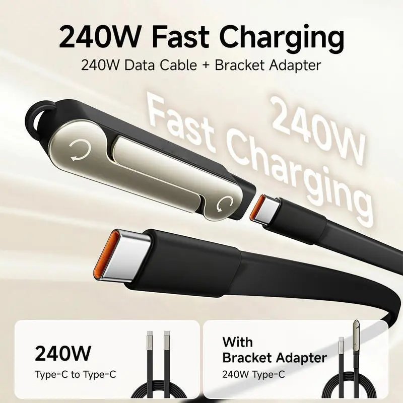 240W Super Fast Charging Foldable Silicone Invisible Rotate Stand Type-C Data Cable - 2-in-1 Electronic Cord with Cellphone Holder for Mobile Devices, Car Accessories Detachable