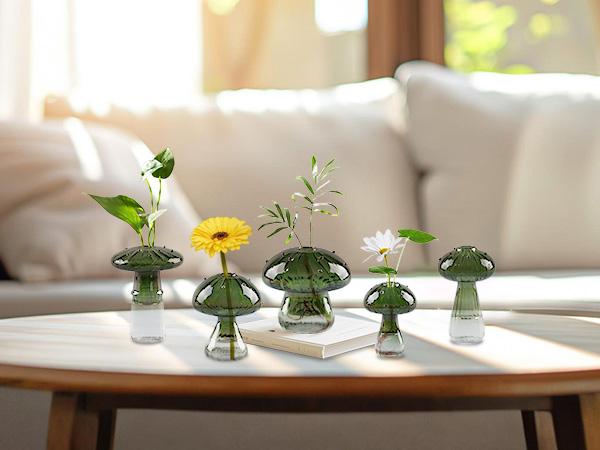 Mushroom Glass Vase, Set of 5, Dopamine Decor Hand Blown Glass Bud Vase for Flowers Indoor Planters for Women Spring Room Decor