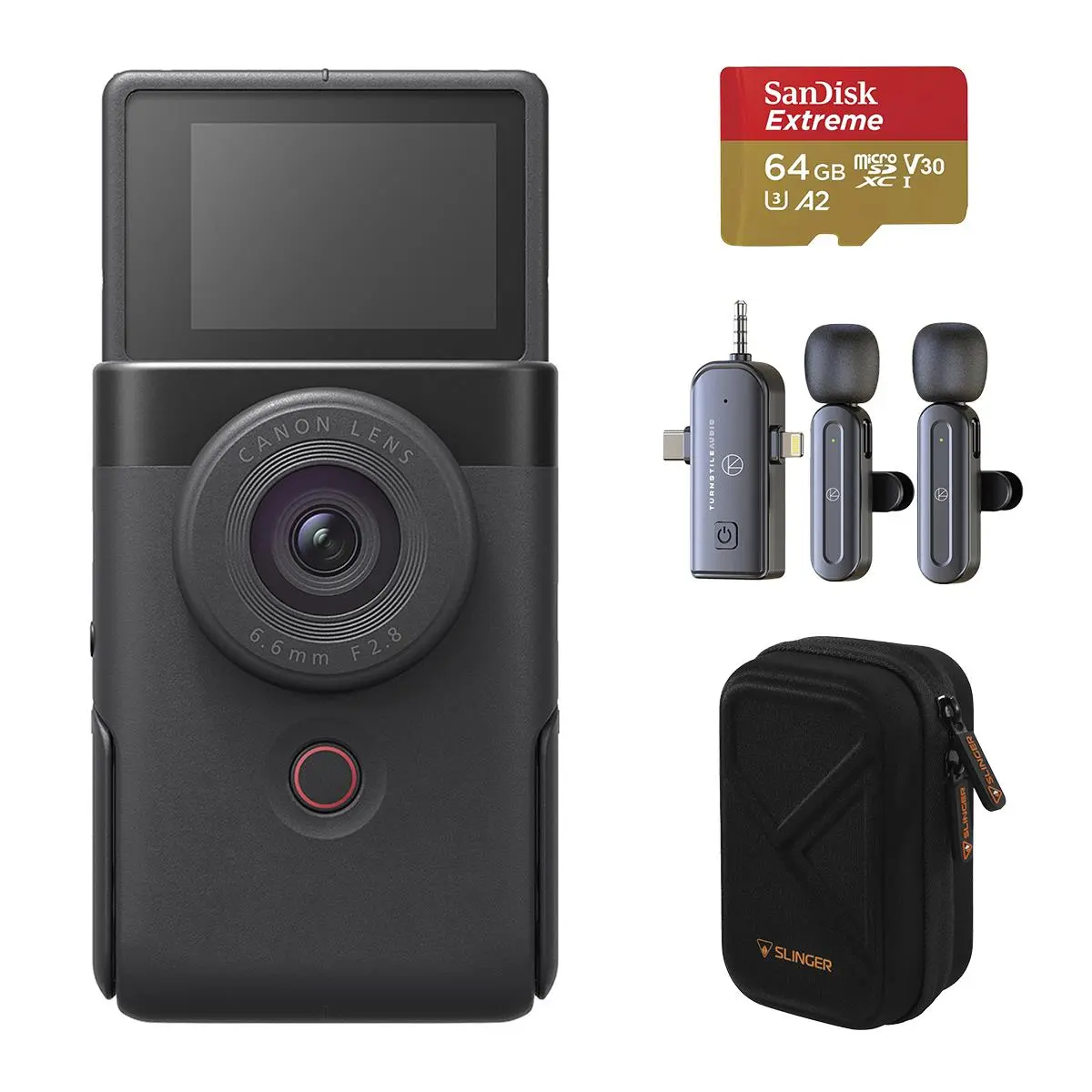 Canon PowerShot V10 Vlog Camera with Audio Recording, Button Controls, Lens - Content Creator Device (Black) Bundle with 64GB UHS-I U3 microSDXC Memory Card (SD Adapter), 3-In-1 Wireless Lavalier Microphone, Small Camera Case, Tripod, Automatic, Compact