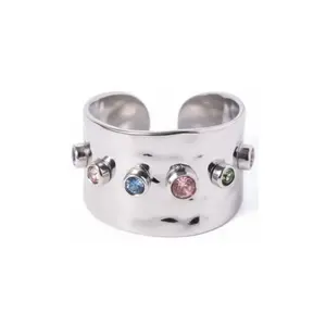 Multicolor CZ Crystal Wide Band Adjustable Ring - Stainless Steel