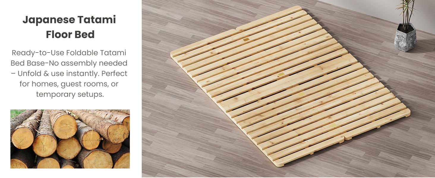 Naudacaa Wood Foldable Slatted Bed for Japanese Floor Futon Mattress, Solid Pine Bed Frame, Moisture-Proof Tatami Beds Plate, Guest Tatami Mat Floor Sleep Bedding