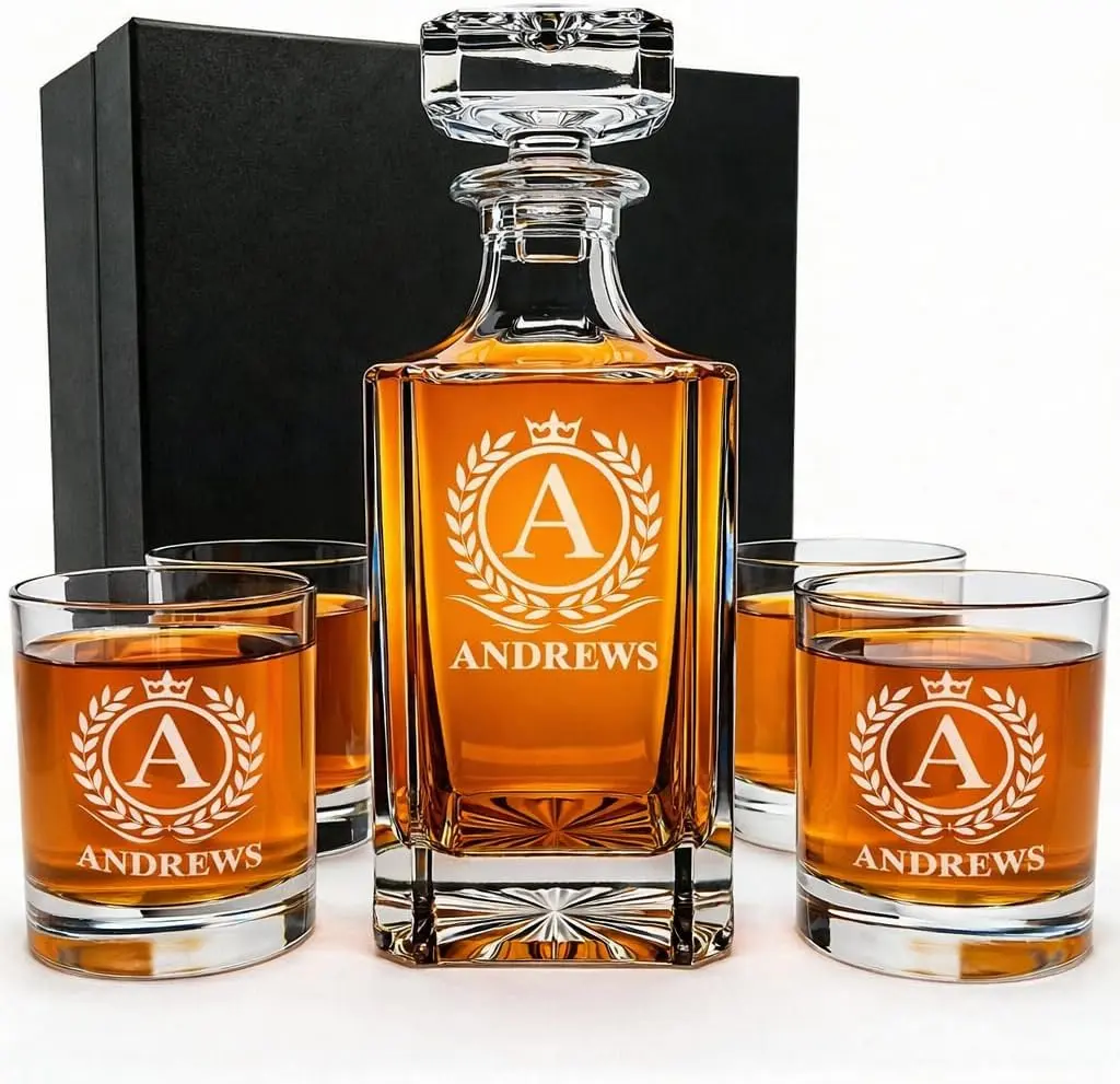 Personalized Whiskey Decanter Set with Glasses for Men - Custom Bourbon Decanter Sets 4 Designs - Laser Engraved Customized Whiskey Glasses - Personalized Whisky Bottle Groomsmen Gift